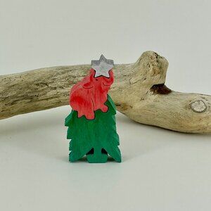 VINTAGE 80s TINY PINK ELEPHANT HAND CARVED WOOD CHRISTMAS PUZZLE HOLIDAY DECOR